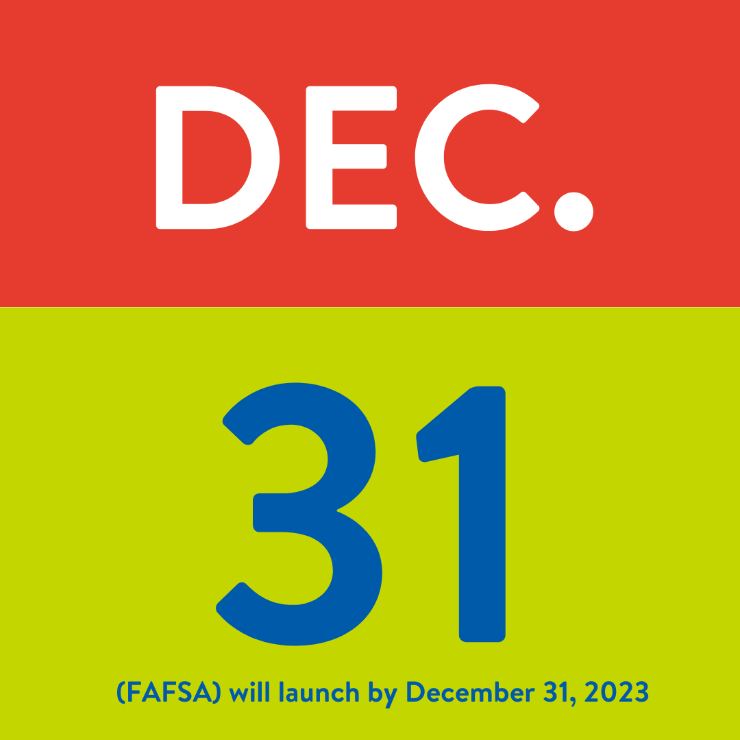 graphic displaying the text: "Dec. 31, (FAFSA will launch by December 31,2023)"
